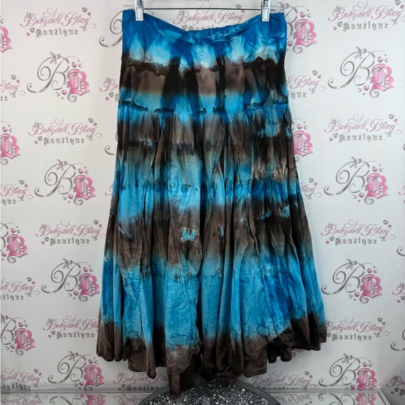 Bellissima skirt ruffle frilly tie dye Vibrant Blue and Brown A-Line Skirt - Picture 2 of 12